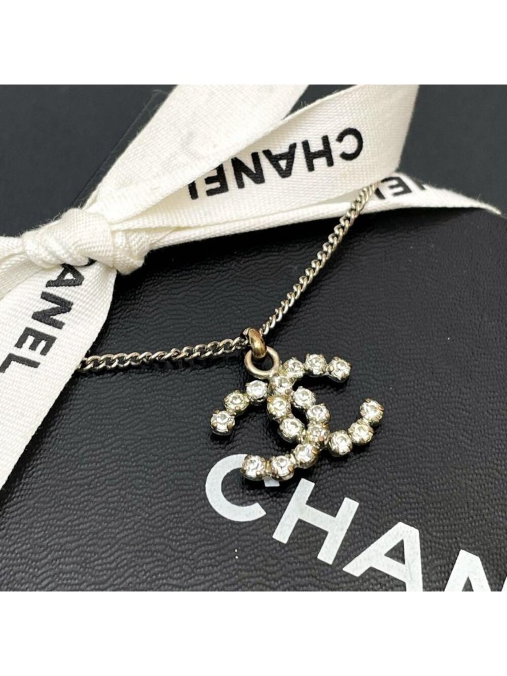 Chanel CC Logo Necklace Rhinestone Silver Icon